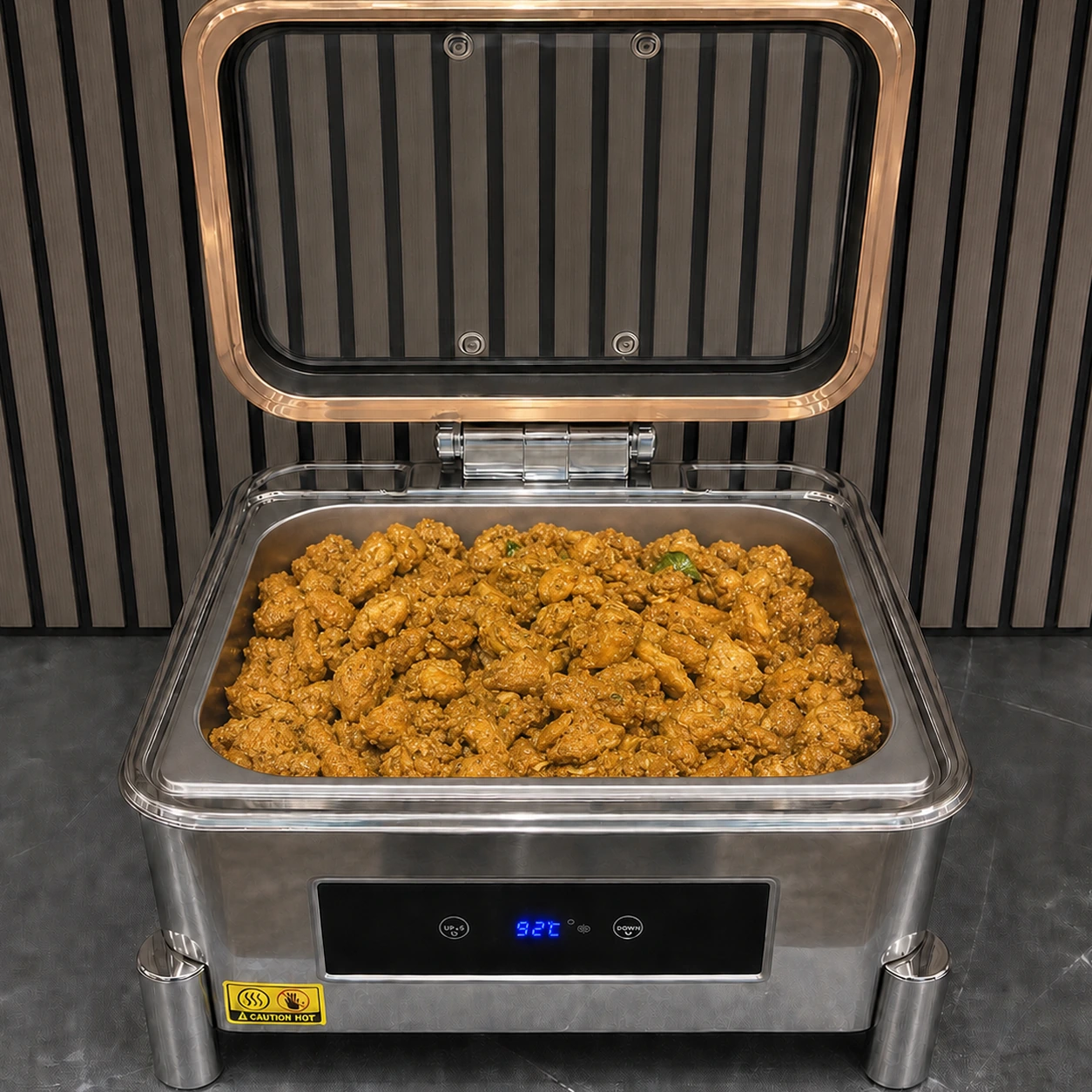 Dry chicken curry served in a buffet chafing dish