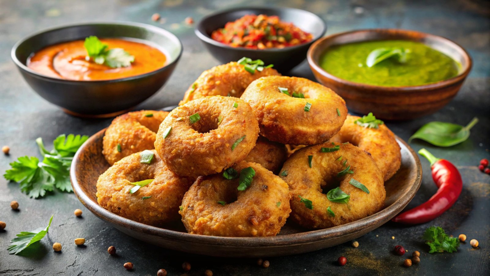 Fresh vegetarian fritters with chutneys
