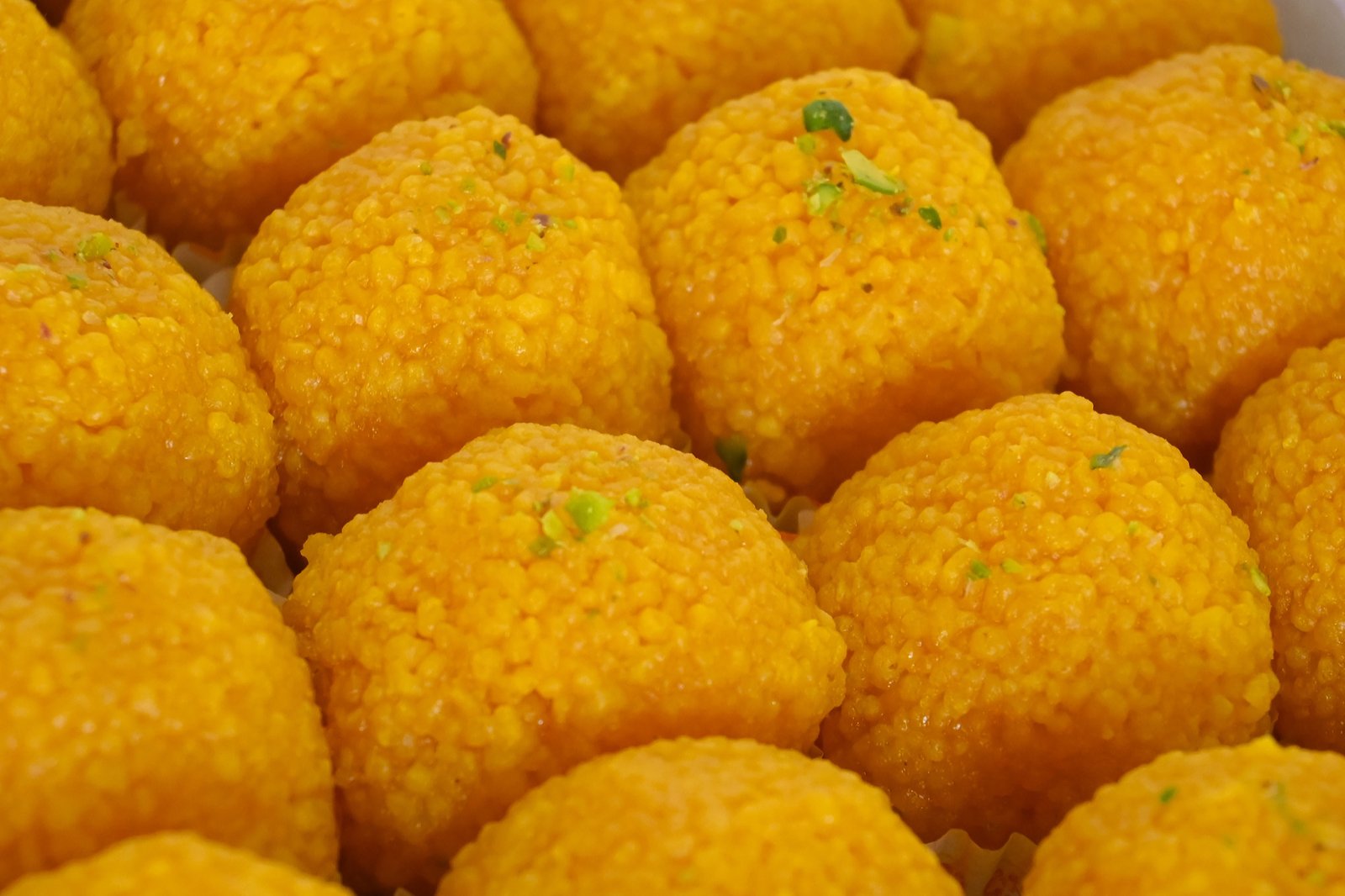 Close-up of vibrant traditional motichoor ladoo